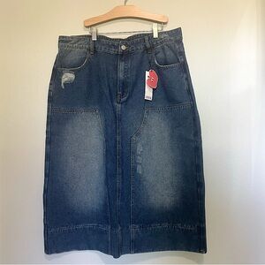 Cider Womens Denim Skirt Size 1X Midi Distressed Pockets Slit Patchwork NWT